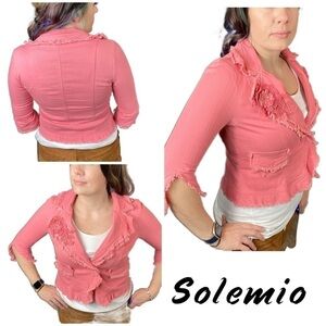Solemio cute boho pink frayed blazer with mixed media flower embellishment